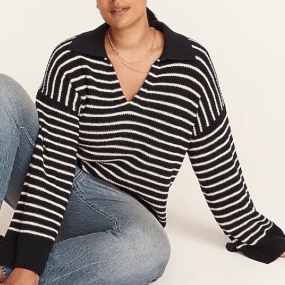 J. Crew Navy and White Striped V-Neck Sweater